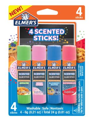 Elmer’s Scented Glue Sticks, Washable, Clear, Assorted Scents Packs of 4